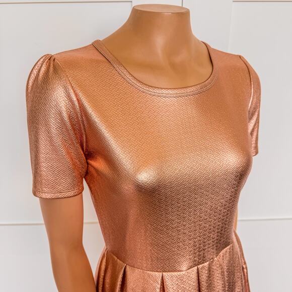 Lularoe Amelia A-Line Copper Metallic Midi Dress-Short Sleeve-Women's Medium - Picture 3 of 11